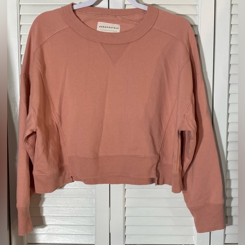 Aeropostale Pink Cropped Sweatshirt with Ribbed Cuffs and Hem, Size S